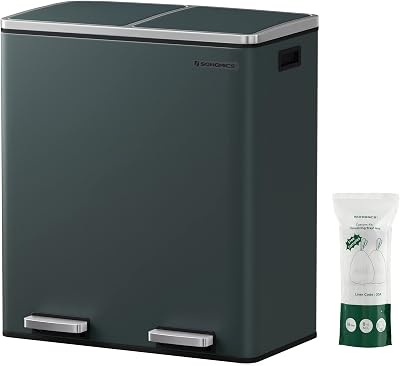 SONGMICS Dual Rubbish Bin 2-Compartment 30 L Pedal Lids 15 Bags Greenish Grey