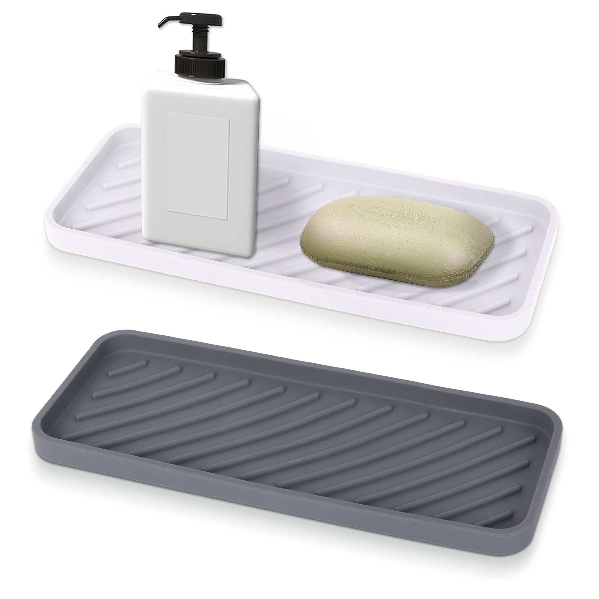 2 PCS Silicone Sink Tray, Kitchen Sink Tray Organiser, Silicone Kitchen Drying Mat for Kitchen, Bathroom, Counter (Grey & White, Size 1)