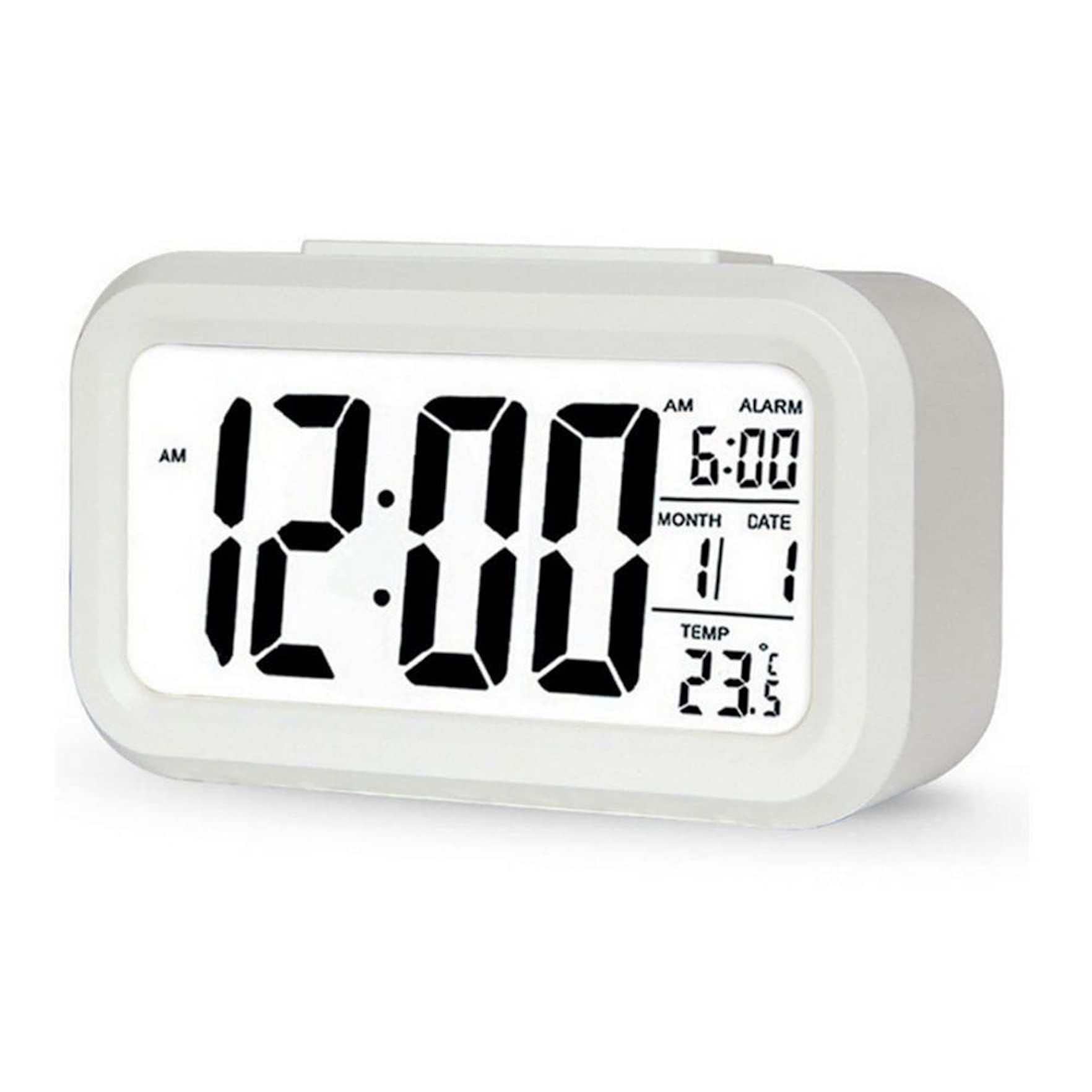 DTL Digital Alarm Clock LED Display with Temperature Big LCD Digit Display Larger LCD Backlit Display Snooze Smart Brightness Sensor for Bedroom Home Office and Travel (White)