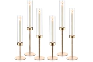 ASHELYULLA Gold Hurricane Candle Holders, Set of 6 Glass Taper Candlestick Holders Metal Candle Stands Bulk with Glass Cover for Dining Tables Wedding Candelabra Centerpieces Decor