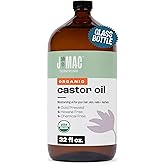 J MAC BOTANICALS, Organic Castor Oil Cold Pressed (Glass Bottle, 32 oz) pure unrefined, hexane free for face, skin, eyelashes, pack wraps, pads