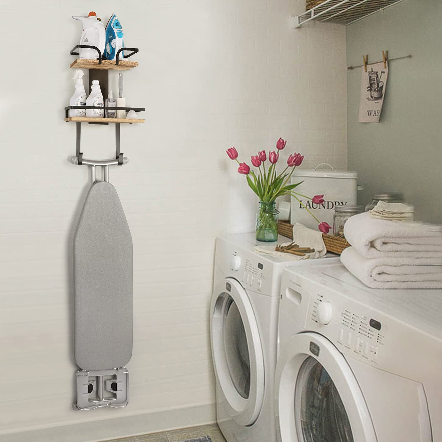 VINAEMO Ironing Board Hanger Wall Mount, 2-Layer Iron and Ironing Board Holder, Laundry Room Shelves Solid Wood with Removable Hooks Home Organization and Storage
