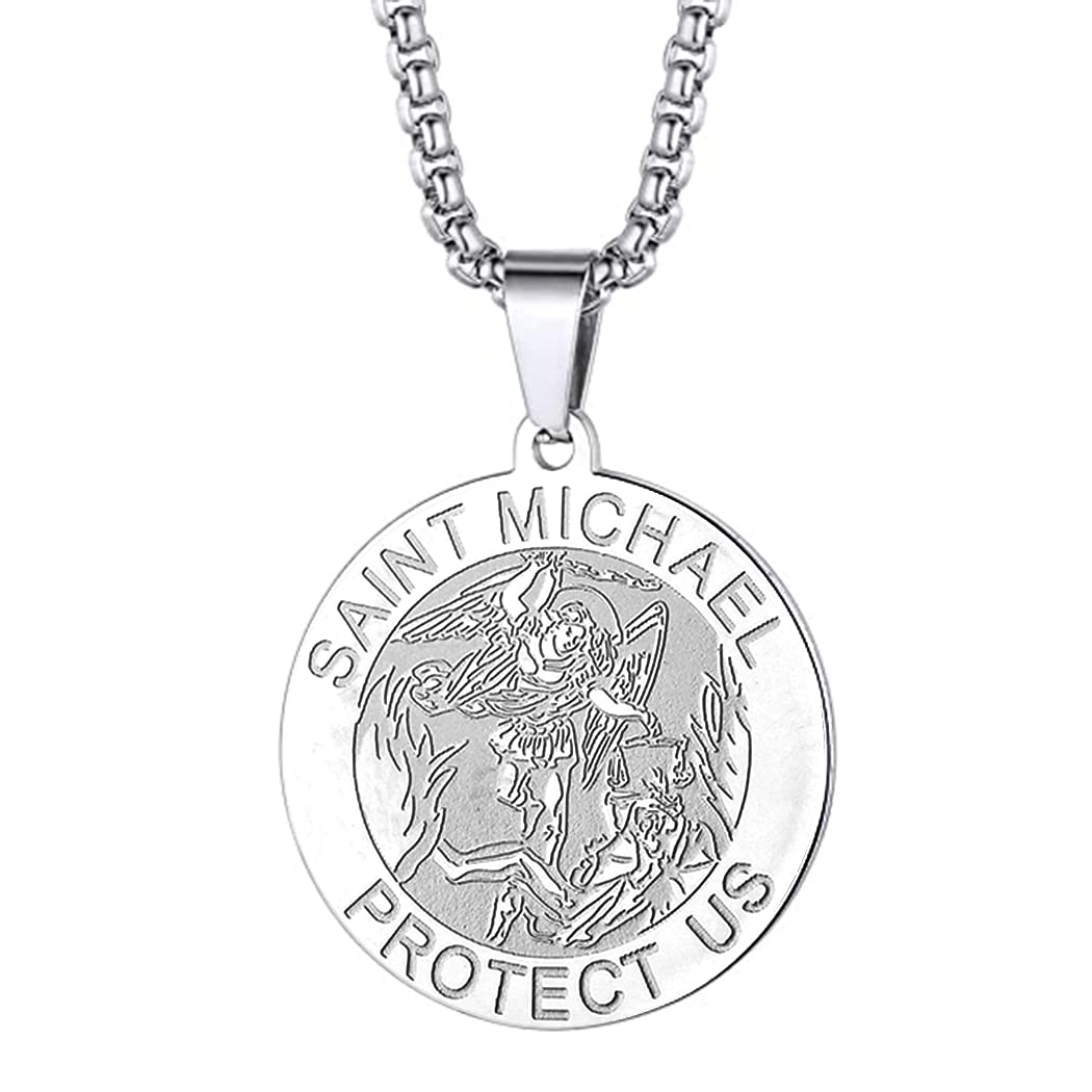 St Christopher Necklace Saint Michael George Barbara Pendant Women Men The Seal of The Seven Archangels Charm Chain Religious Medal Medallion Disc Jewelry Christian Gift (St Michael-057S)
