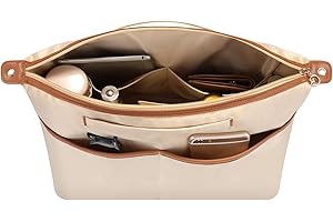 SDANG Purse Organizer Insert Fit for Neverful,Longchamp,City30 and More Bag，Leather Edge Multiple Pockets Medium Tote Bag Organizer with Handle，Lightweight Purse Liner have Zipper (Beige 28)