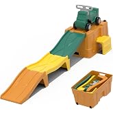HAPPYMATY Up &amp; Down Roller Coaster，Kids Ride On Toy，Toddler Push Car with Assembled Race Track &amp; Storage Base Box, Indoor Outdoor Playset