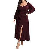 SCOMCHIC Womens Plus Size Formal Dress Fall Long Sleeve Square Neck Flowy A Line Tiered Side Split Wedding Guest Maxi Dress