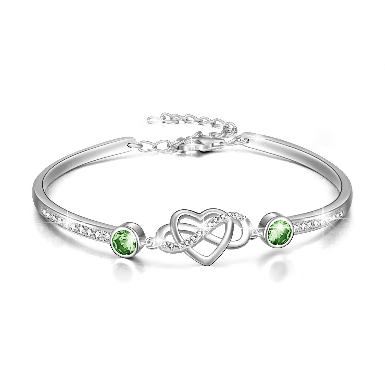 Infinity Bracelet Sterling Silver Love Heart Adjustable Bangle Bracelet with Birthstone Crystals, Friendship Wedding Anniversary Birthday Gifts for Her Women Wife Girlfriend Mum (Simulated Peridot)