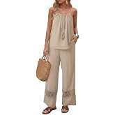 Dokotoo 2 Piece Sets for Women Summer Spaghetti Strap Tie Knot Top Lace Wide Leg Pants Set