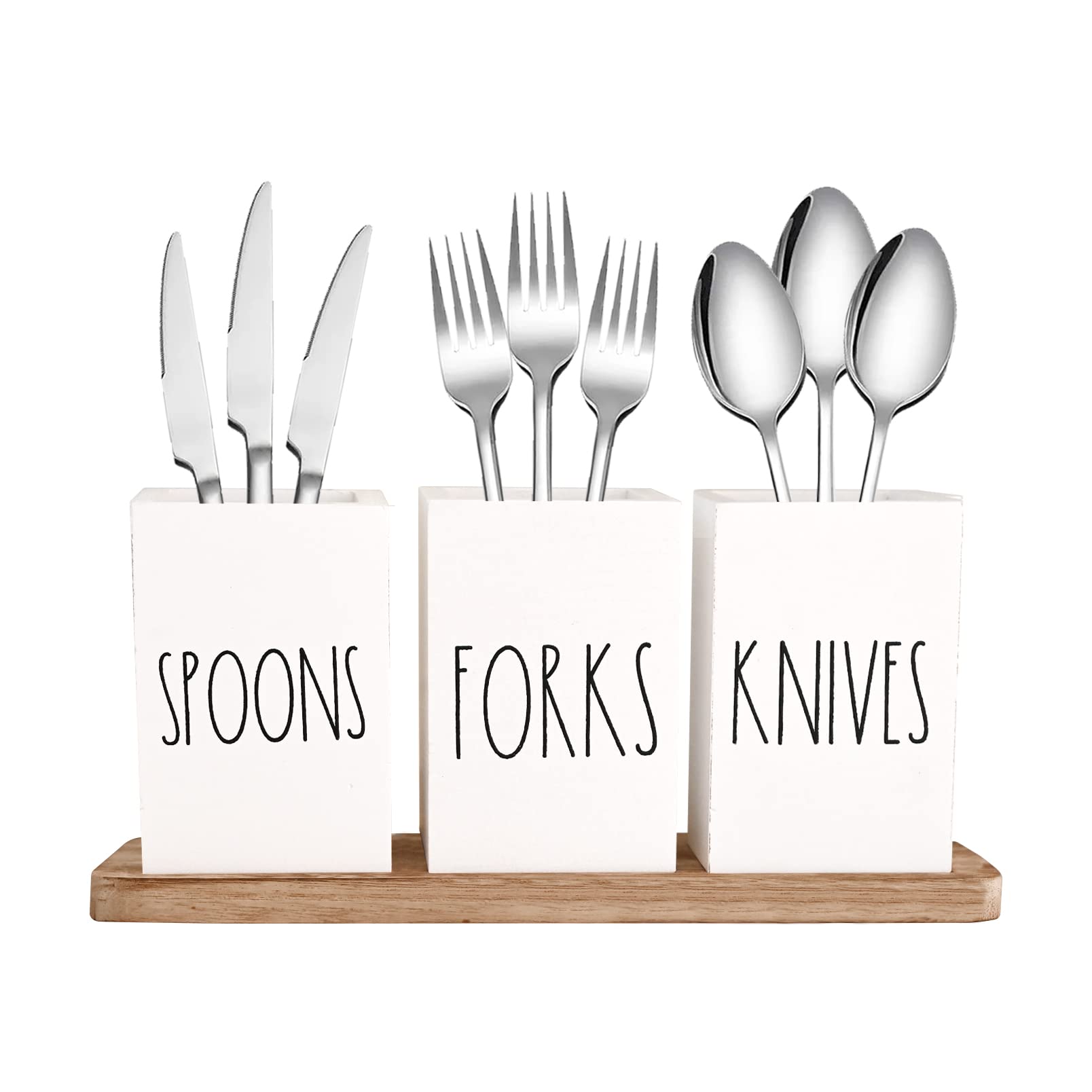 Photo 1 of ***MISSING FORK***
CHONIC Farmhouse Silverware Holder, Rustic Wood Silverware Caddy with Tray, Spoon Fork Knives Flatware Dispenser, Utensil Countertop Organizer, Plastic Cutlery Holder for Kitchen Party (White)