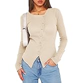 Cicy Bell Womens Long Sleeve Asymmetrical Tops Button Down Ribbed Fitted Cropped Shirts Trendy Fall Blouses