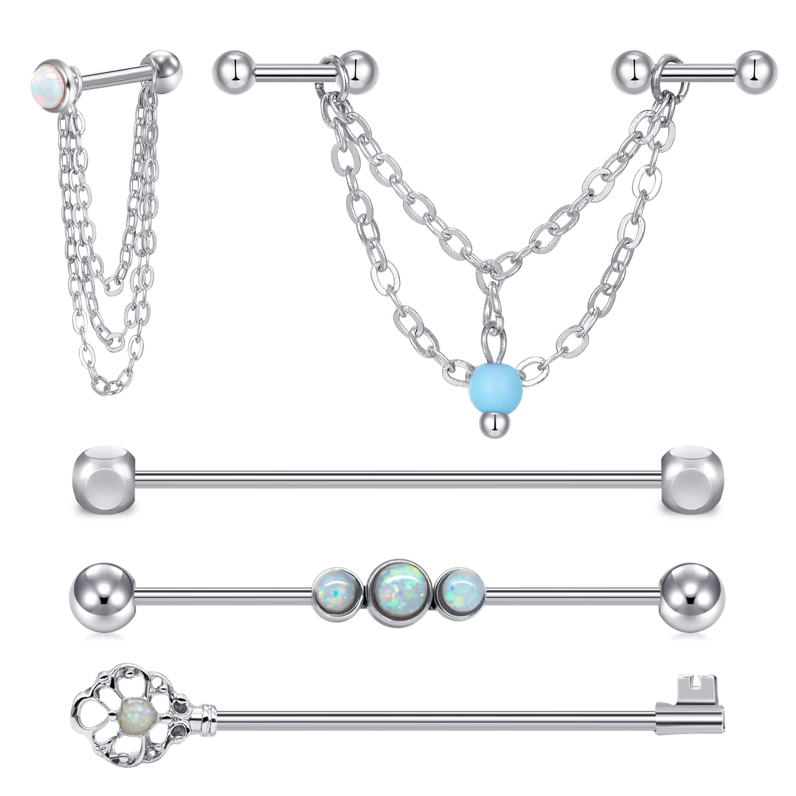 AceFun Industrial Bar Chain Piercings 14Gauge 1.6mm 38mm Industrial Earrings Dangle Double Cartilage Forward Helix Earring Silver Square Ball Opal Key 16Gauge 1.2mm 8mm 10mm