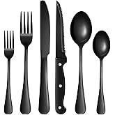 24-Piece Black Silverware Set with Steak Knives Black Stainless Steel Flatware Set for 4 Food Grade Tableware Cutlery Set Rust-proof, Mirror Polished, Dishwasher Safe