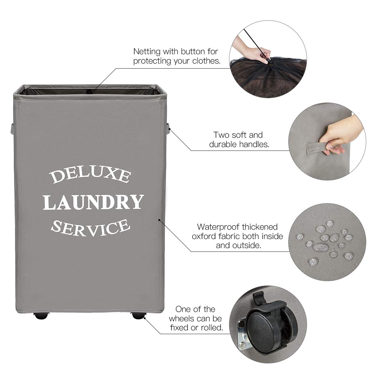 WISHPOOL Rolling Laundry Basket with Wheels Laundry Hamper for Laundry Large Rectangular Collapsible Clothes Hamper Mesh Cover Storage Bin (Grey)