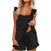 Ekouaer Pajama for Women Set 2 Piece Ruffle Pjs Soft Tank Top and Shorts Sleepwear Set Bridal Pajama Set for Women