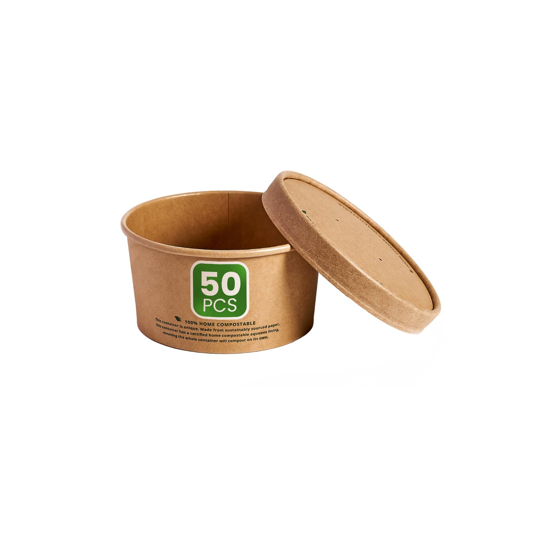 DISPOSABLE GREEN®| 8oz Kraft Container Bowl with Kraft Lids |Unique Aqueous Lining Breakthrough Technology | Certified Home Compostable | Soup, Icecream, Takeaway