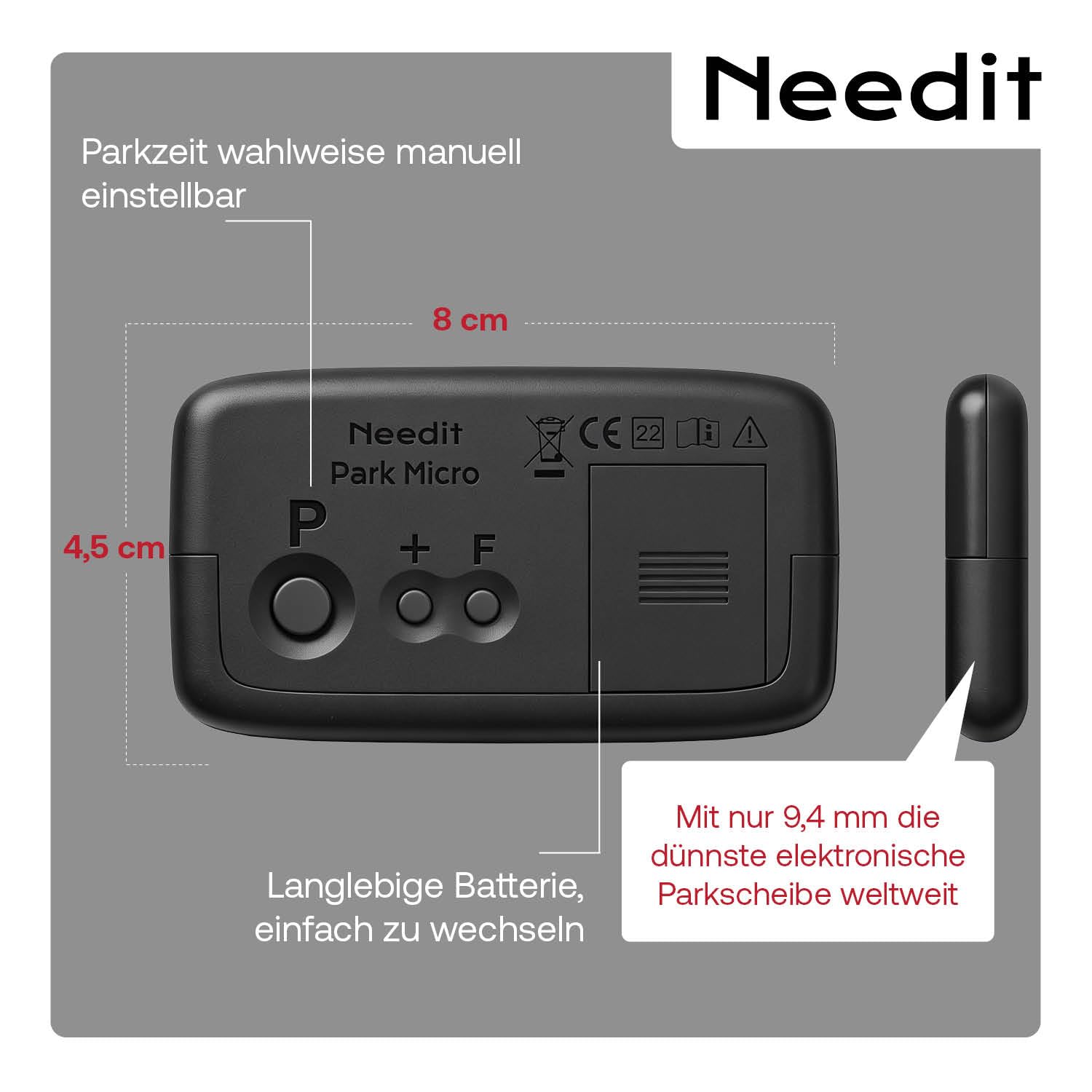 Needit elektronische Parkscheibe Park Micro I die weltweit dünnste automatische Parkscheibe mit KBA-Zulassung I kompakte, Digitale Parkuhr mit gut lesbarem Display I langlebige Batterie, 9,4 mm dünn 5