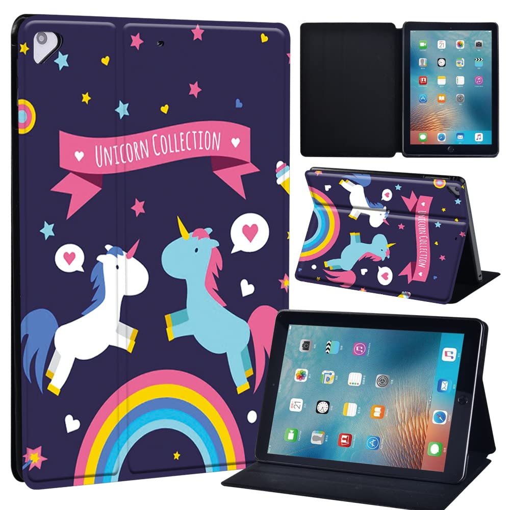 Initial Letter Leather slim lightweight Stand Cover Case for Apple New iPad 9.7 2018 2017(6th Gen, 5th Gen)/iPad Air 2/iPad Air/iPad Pro 9.7 Tablet with Auto Wake/Sleep (unicorn and rainbow)