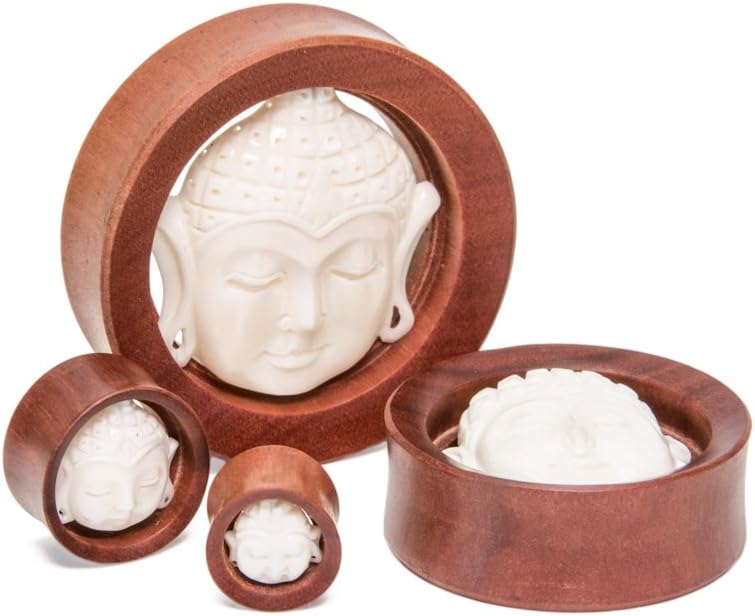 Elementals Organics Saba Wood Plugs for Ear– Carved Bone Buddha Ear Gauge Double Flared Hollow 1 PC
