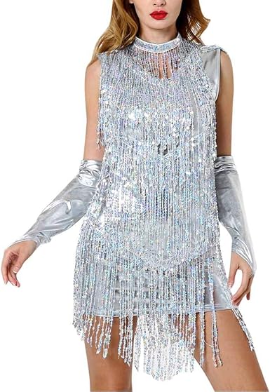 silver sequin tassel dress