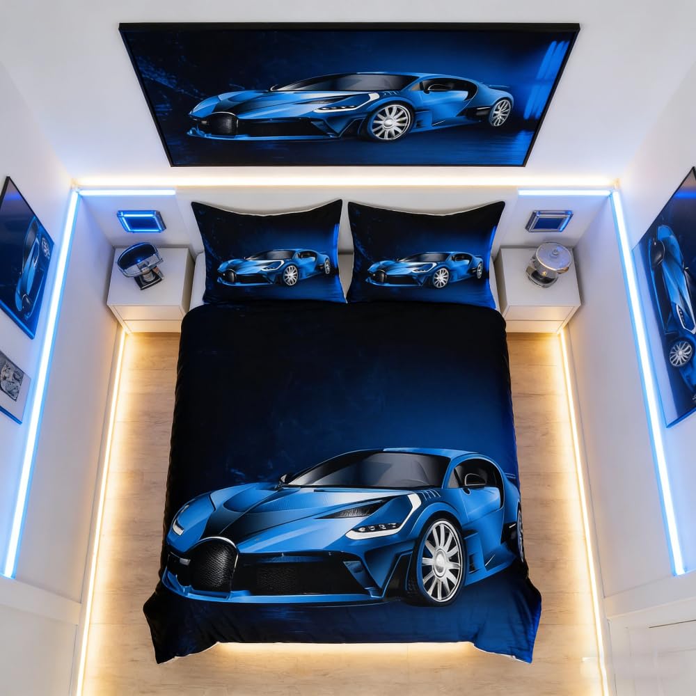 Sports Car Duvet Cover Set Blue Race Car Bedding Set for Kids Boys Girls Extreme Sports Comforter Cover Cool Speed Car Quilt Cover 3Pcs Bedding Double Size