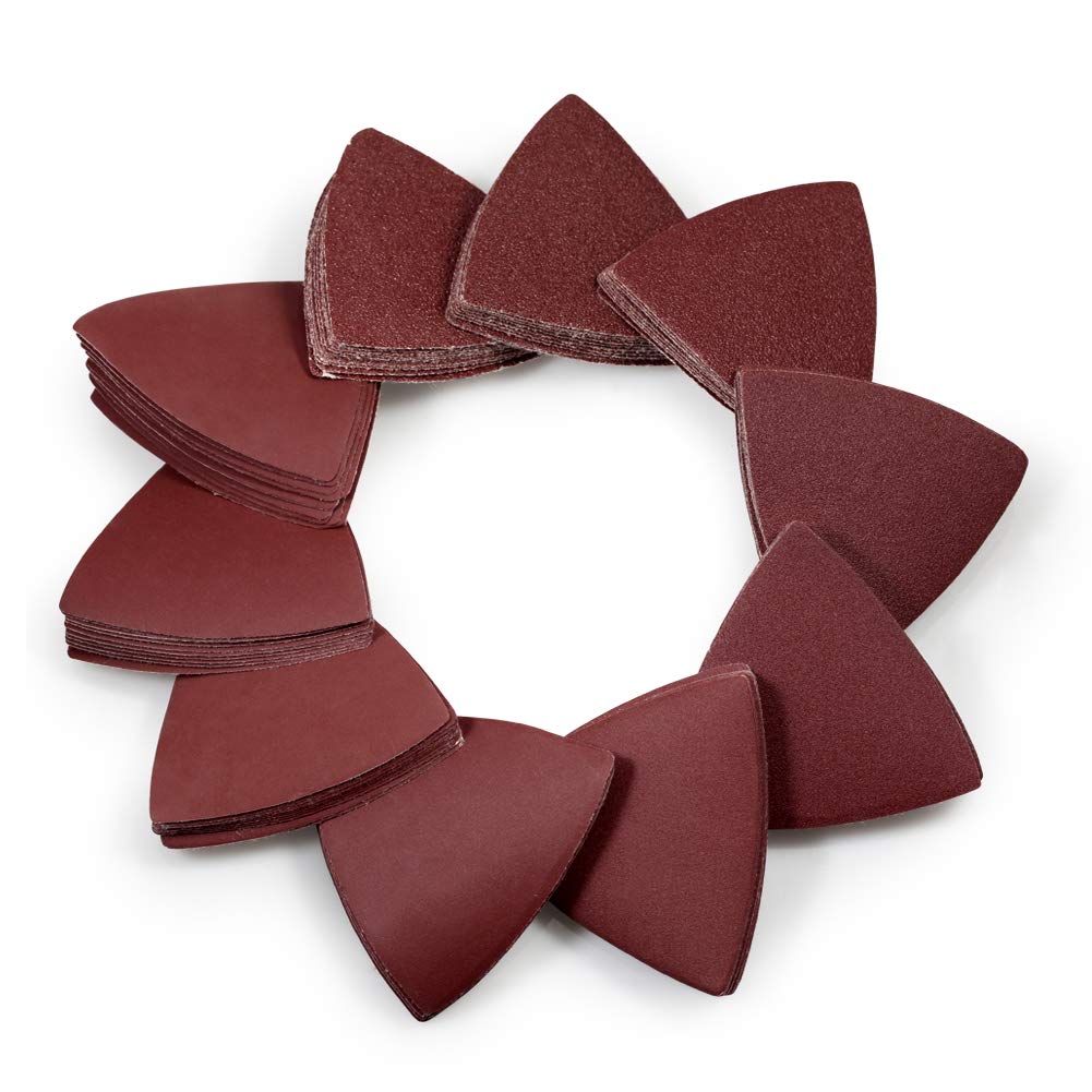 SPEEDWOX 100 Pcs 3-1/8 Inches 80mm Triangle Hook and Loop Sander Pads Assorted 40/60/80/120/180/240/400/600/800/1000 Grits Triangle Detail Oscillating Tools
