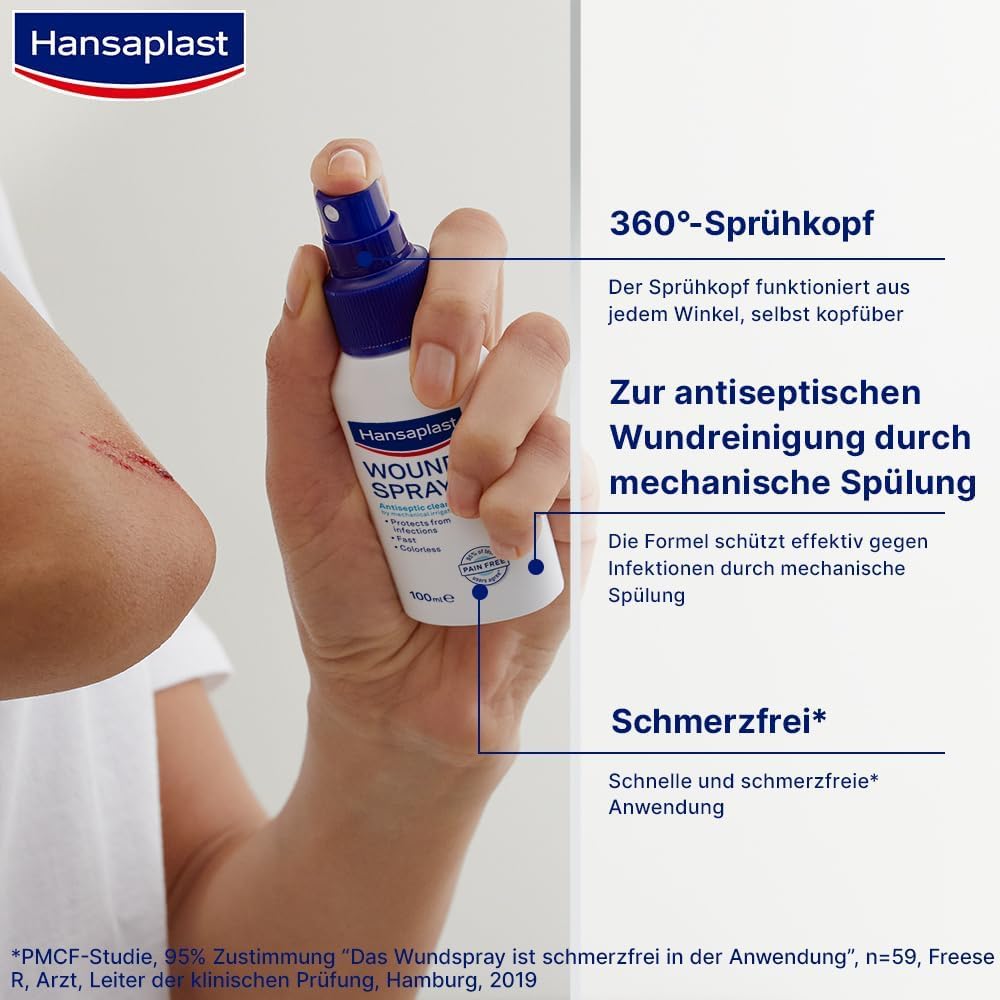 Hansaplast Wundspray (50 ml), zur antiseptischen Wundreinigung durch mechanische Spülung, Spray schützt vor Wundinfektionen, farblos und besonders hautfreundlich 4
