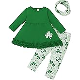 XFGLCK Toddler Kids Baby Girls St.Patrick's Day Outfits Flare Tunic Long Sleeve Dress Shirt Shamrock Print Pants Scarf Sets