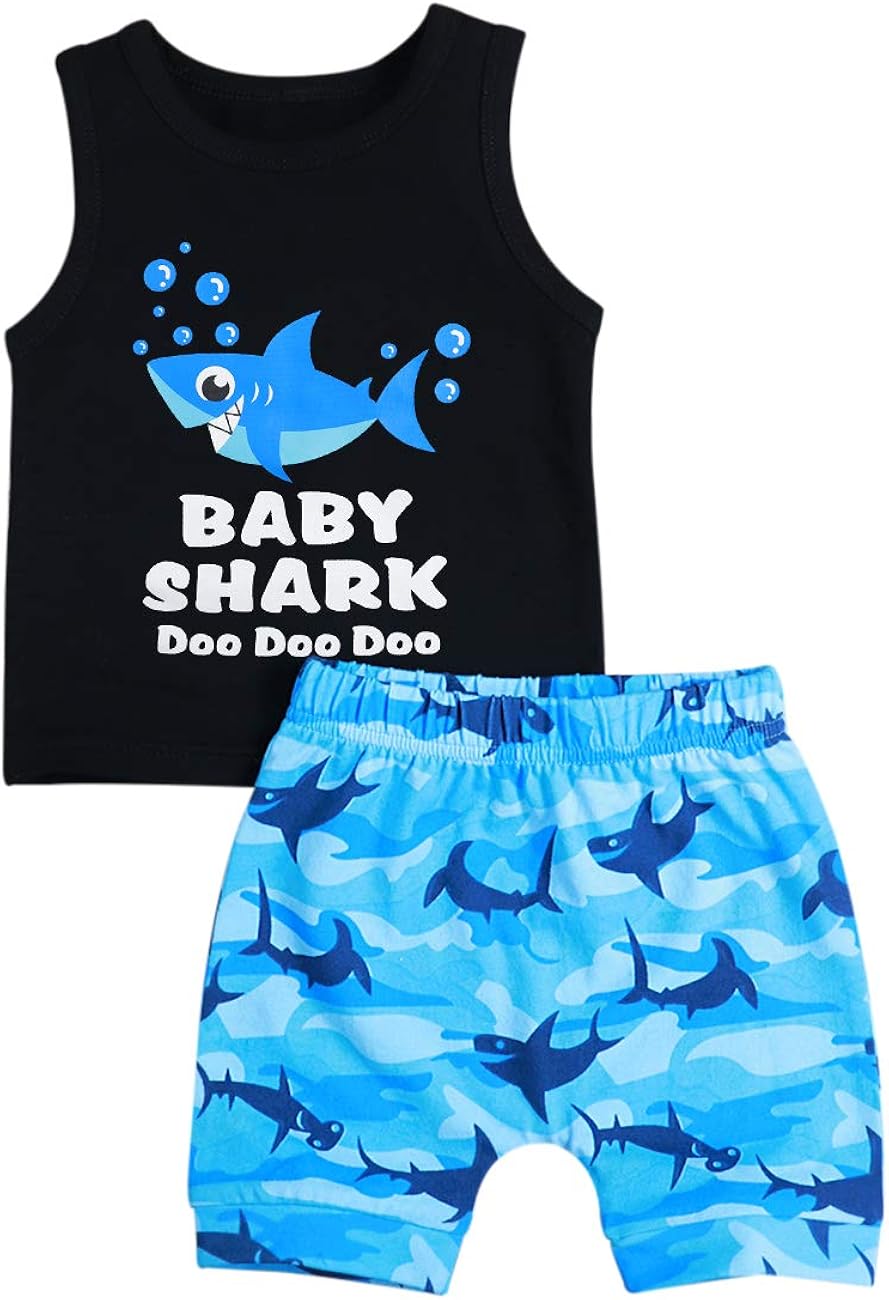 Baby Boy Girl Clothes Shark and Doo Doo Print Summer Cotton Sleeveless Outfits Set Tops and Short Pants