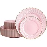 Brolifon 80pcs Pink Scalloped Plastic Plates With Gold Rim, Include 7 inch and 10 inch disposable Plastic Plates for Party, Wedding, Birthday