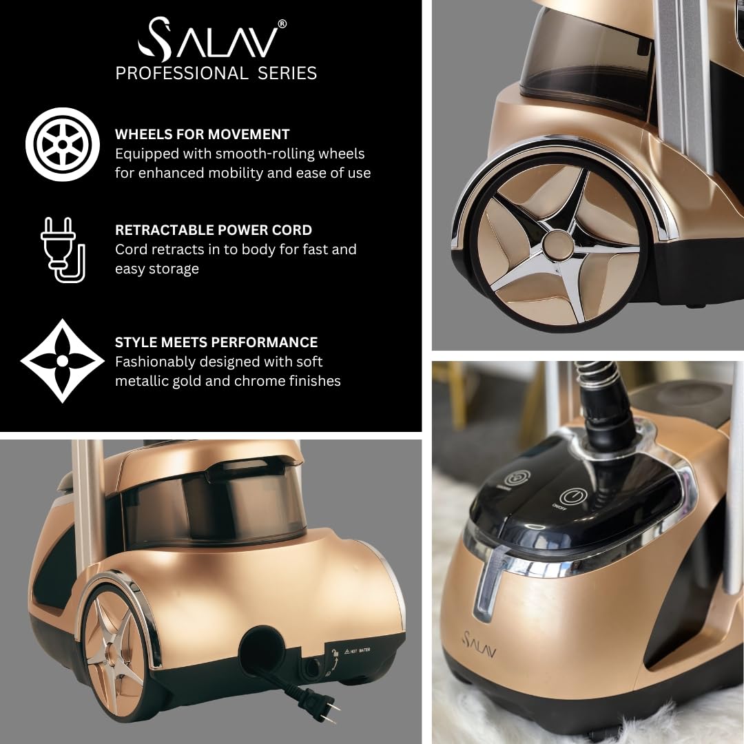 SALAV Limited Edition Professional Series Dual Bar Garment Steamer with Foot Pedals, Stainless Steel Steam Plate, Retractable Power Cord, 1.8L (60.8 oz) Water Tank, 1500 watts, 60+mins of Steam