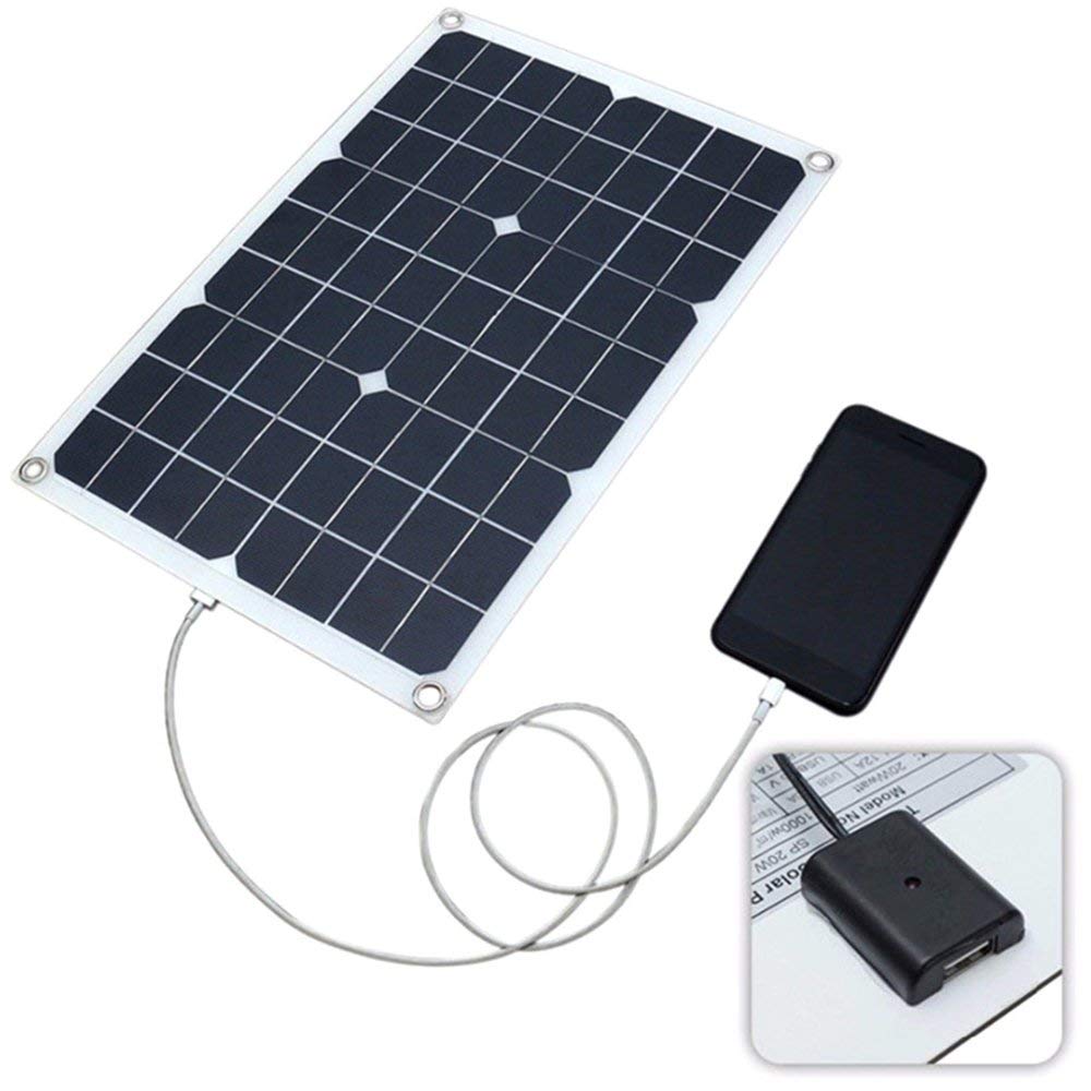 Photo 1 of Lixada Solar Panel Charger USB Port Portable High Power Monocrystalline Solar Panel Phone USB Devices Charger & Car Battery Charging Clip Line for Cell Phone Camping RV Boat Marine - 20Watt