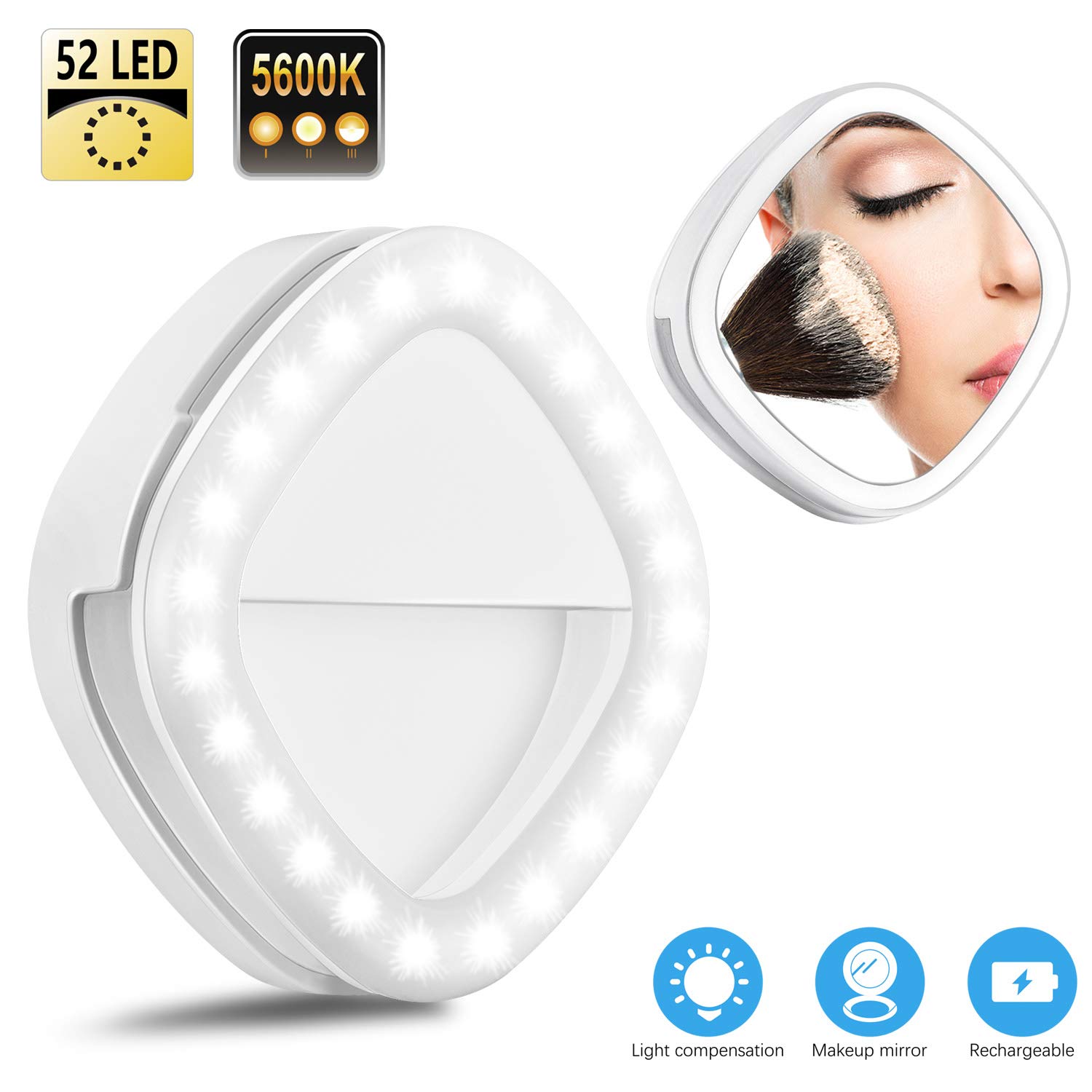 Selfie Ring Light, Solarxia Rechargeable Selfie Lights with Makeup Mirror [52 LED Bulbs][3-Light Mode][9-Level Brightness] for iPhone iPad MacBook Laptop Android Camera(White)