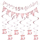 BRT Bearingshui 15th Birthday Decoration Kit for Girls, Happy 15th Banner Bunting Swirls Streamers, Triangle Flag Banner for Party Decorations, Rose Gold 15th