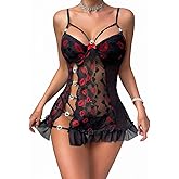 Myilewjt Women's Lips Design Lingerie Embroidered Mesh Side Hollow Sexy Ruffle Floral Lace Dress Nightgown