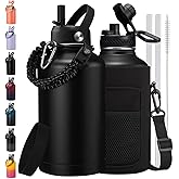 1/2 Gallon Water Bottle Insulated - Keep Cold 48H, with Carrier Pouch, Straw & Auto Spout Lid, Paracord Handle & Protective Boot, 64oz Water Jug Half Gallon Stainless Steel Flask Set