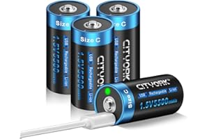 CITYORK Rechargeable Lithium C Batteries 4 Pack, 1.5V C Cell Batteries with 4 in 1 USB-C Charging Cable, 5500mWh High Capacit