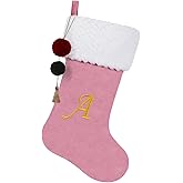 Pxniy 19.5 inches Personalized Velvet Christmas Stocking,Initials Embroidered Letter Christmas Stocking with pom poms, for Fireplace Hanging Decor and Xmas Gift(Pink A)