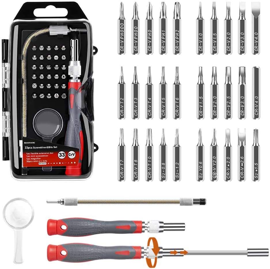 GIVERARE Precision Screwdriver Set with Flexible Bar, Extension Bar, Magnifier, Professional Screwdriver Kit with Replaceable Bits, Driver Kit for iPhone, iPad, Mobile, Laptop, PC, Electronics: Home Improvement