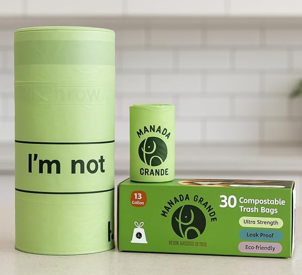 COMPOSTABLE TRASH BAGS 13 GALLON DRAWSTRING – 45 COUNT (30 KITCHEN + 15 SMALL) – EXTRA THICK 1.38 MIL – BPI & OK COMPOST CERTIFIED – PLANT-BASED KITCHEN GARBAGE BAGS – MANADA GRANDE