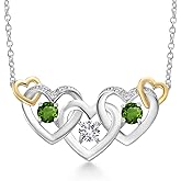 Gem Stone King 925 Silver and 10K Yellow Gold White Created Sapphire Green Tourmaline and White Lab Grown Diamond Heart Shape Pendant Necklace For Women (0.81 Cttw, with 18 Inch Chain)