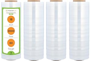 PACKAGINGSUPPLIESBYMAIL PSBM Stretch Wrap, 4 Pack, 18 Inch x 2000 Feet, 60 Gauge, Clear Plastic Cling, Cast Hand Stretch Film Rolls for Packaging Moving Packing Pallets