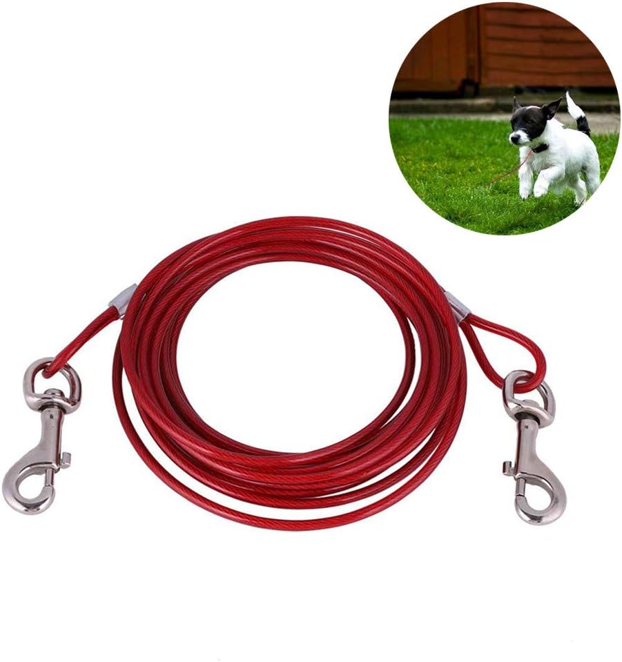 Chew Resistant Steel Wire Dog Leash 16.4ft Tie Out Cable for Dogs Outdoor Camping and Picnic Strong Pet Safety Rope (Red)