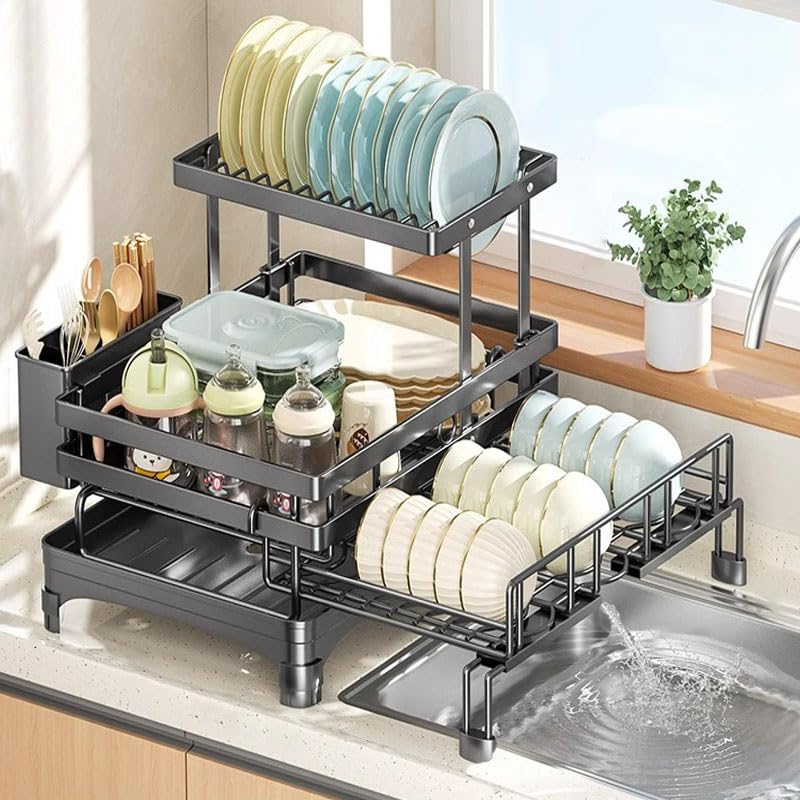 WEGOPAI Escurridor de Trastes Extensible,Escurridor de Platos de Doble Capa Escurreplatos Plegable Puede Contener Cuencos Palillos yTazas Etcpara Encimera de Cocina (A)