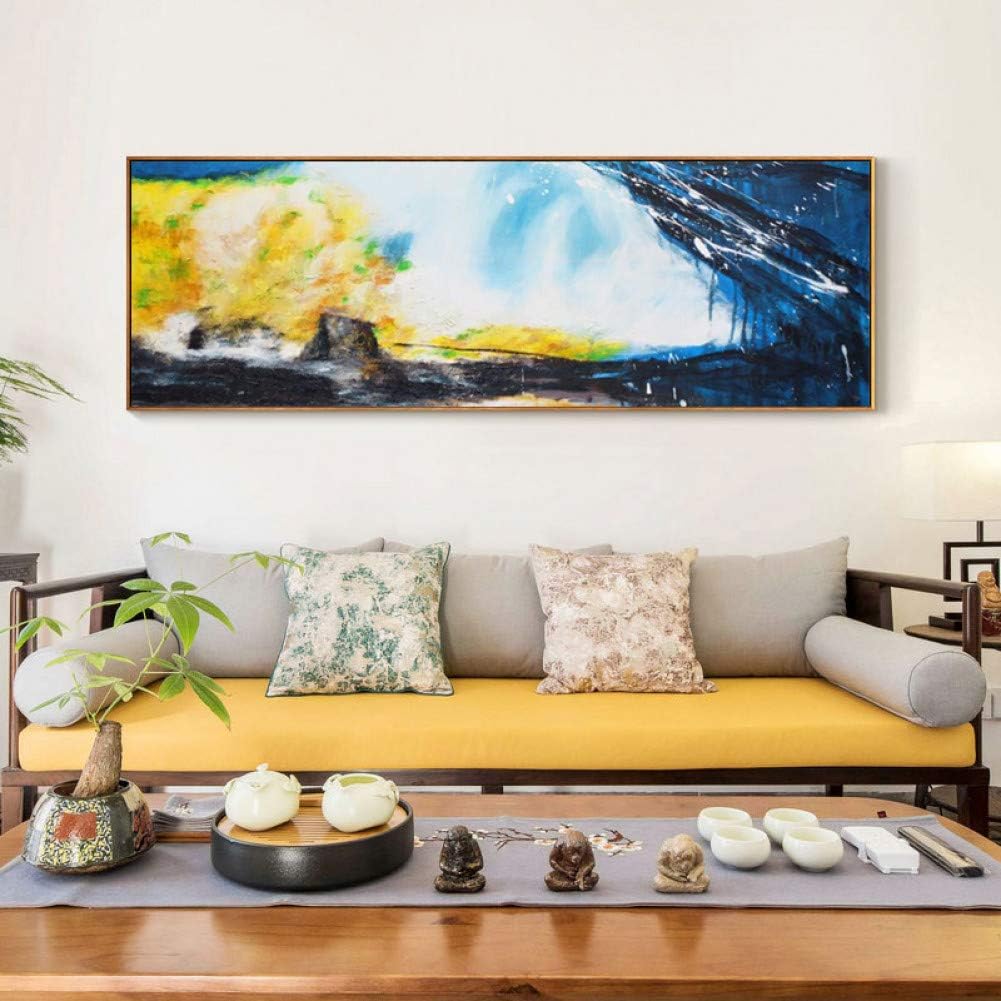 WHFLLDH Modern Abstract Oil Painting On Canvas Posters And Prints Wall Art Abstract Yellow And Navy Blue Pictures For Living Room Decor