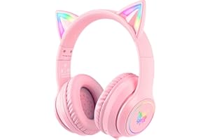 SIMGAL Pink Bluetooth Cat Ear Headphones for Kids & Adults, Wireless & Wired Mode Foldable Headset with Mic - Clear Sound Quality - RGB LED Light, for Girls School Gaming, for Phone/Laptop/PC/Tablet