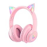 SIMGAL Pink Bluetooth Cat Ear Headphones for Kids & Adults, Wireless & Wired Mode Foldable Headset with Mic - Clear Sound Quality - RGB LED Light, for Girls School Gaming, for Phone/Laptop/PC/Tablet