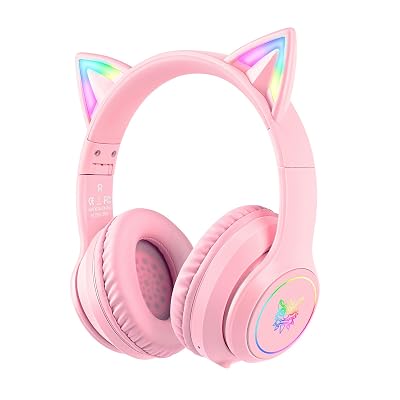 SIMGAL Pink Bluetooth Cat Ear Headphones for Kids & Adults, Wireless & Wired Mode Foldable Headset with Mic - Clear Sound Quality - RGB LED Light, for Girls School Gaming, for Phone/Laptop/PC/Tablet