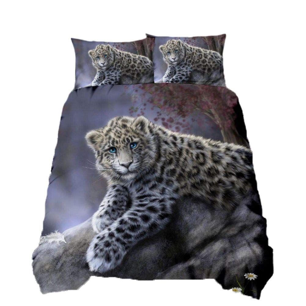 Loussiesd Snow Leopard Bedding Set for Kids Boys Teens 3D Animal Print Comforter Cover Wildlife Duvet Cover Cute Leopard in the Forest Man Bedspread Cover Single with 1 Pillowcase Zipper