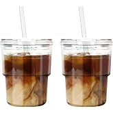 Luxfuel 13 oz Tumbler Water Glass Cups with Straw & Lid, Reusable Iced Coffee, Tea Cups, Leak-Proof Thick Wall Travel Glass Tumbler for Home, Office, Car Cup Holder Friendly, BPA Free (Shimmer,2 Pack)