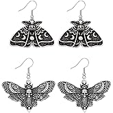 Weenkeey 2 Pairs Goth Butterfly Dangle Earrings Luna Moth Earrings Crescent Moon Star Drop Earrings Punk Skull Pendant Earrings for Women - Silver